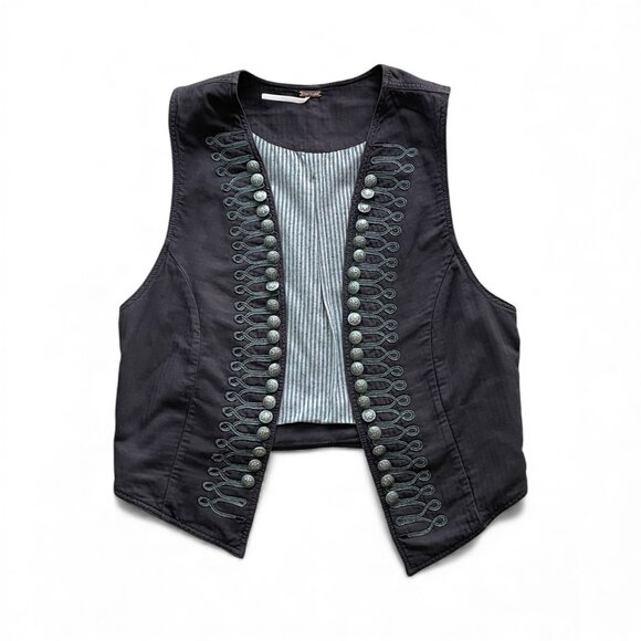 Free People Shrunken Military Vest Silvertone Embossed Button/Cord Accent Sz S - Picture 1 of 6